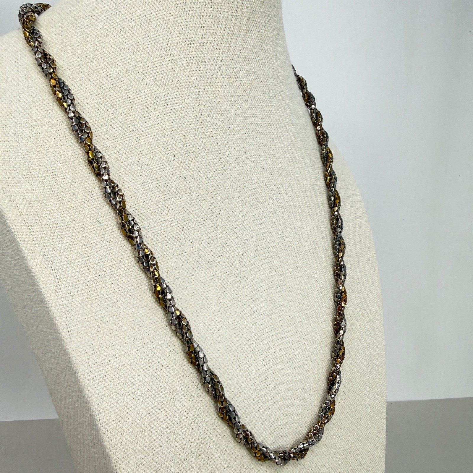 Vintage Two Tone Twisted Mesh Chain Necklace Barrel Clasp Textured