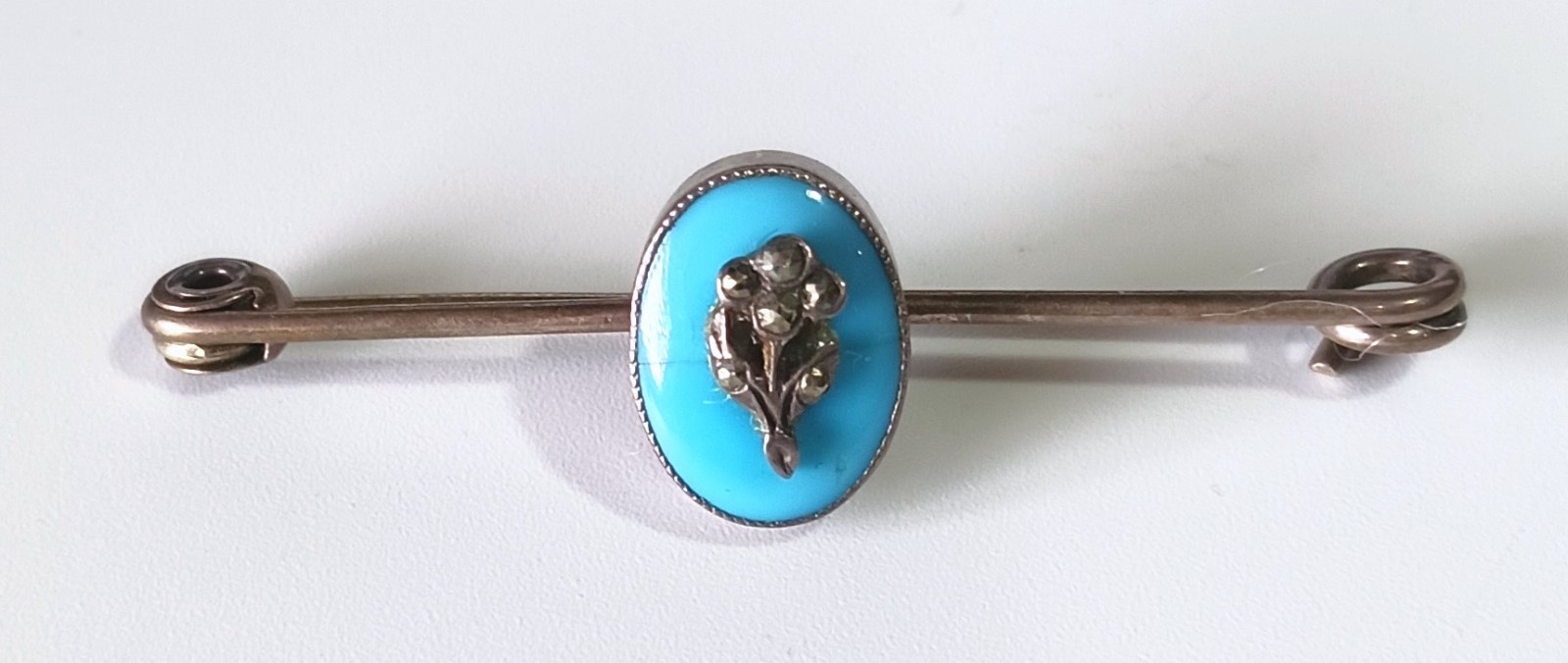 Hallmarked Antique Bar Pin: Turquoise Oval Stone w Marcasite Flower Bouquet
