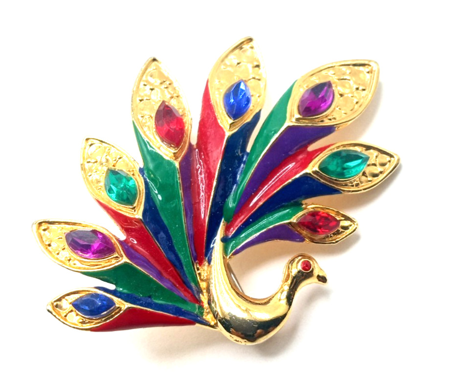 Vtg Gold Tone Blue Red Green Purple Enamel and Rhinestone Lovely Peacock Brooch