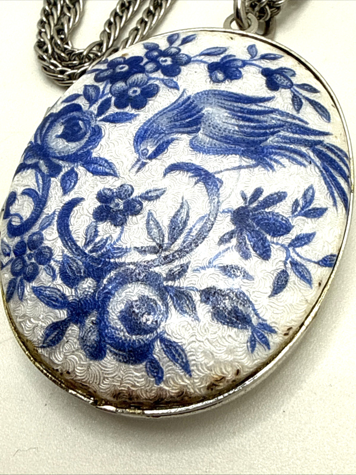 Vintage Guilloche Locket Blue White Enamel Bird of Paradise Floral 24″