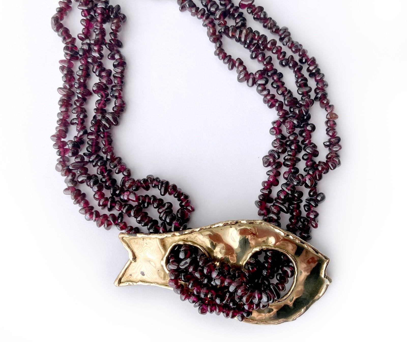 One-of-a-kind Natural Garnet Bead Necklace with Hammered Brass Fish Accent