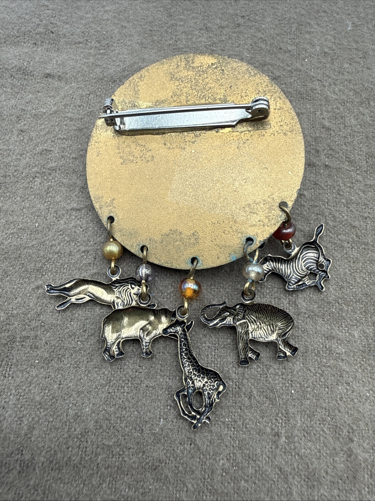 Vintage Safari Pin Gold Tone Dangle Animal Charms Brooch Pin