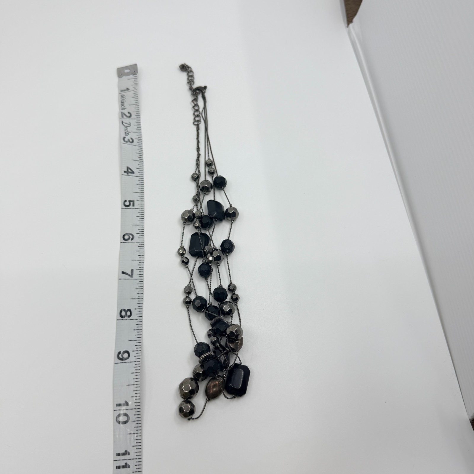 Vintage Gunmetal Tone Layered Necklace Multi Strand Black Onyx Color Bead Boho