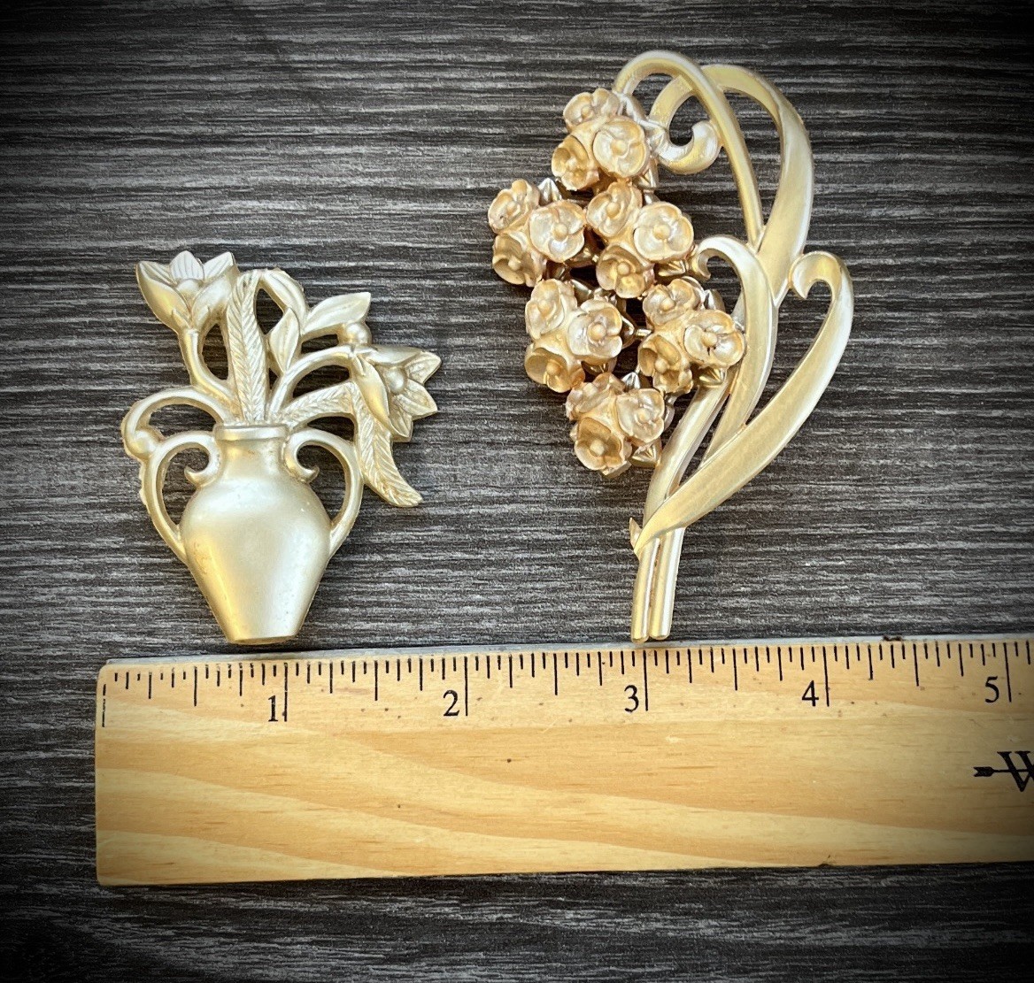 2 vintage floral celluloid Brooches 1930s 1950s costume jewelry