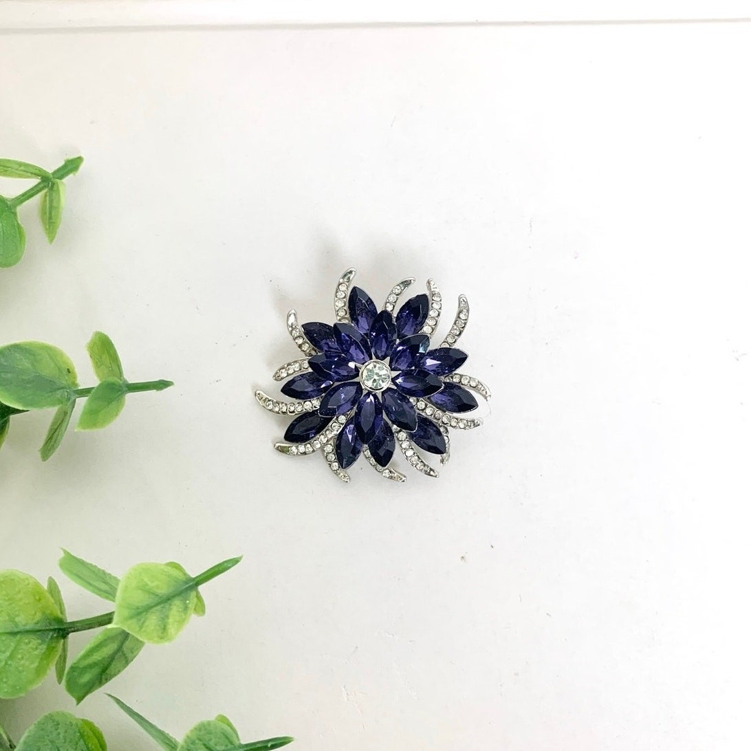 Vintage Blue Violet Rhinestone Flower Brooch Silver Statement Pin Mid Century