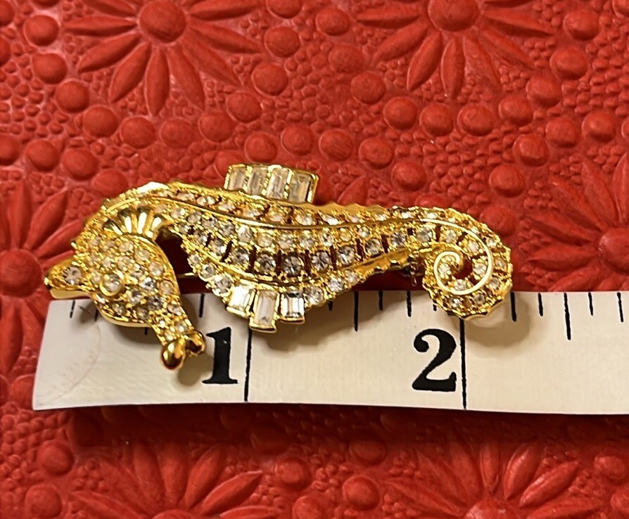 Nolan Miller Goldtone Seahorse Brooch Clear Round And Emerald Cut Rhinestones