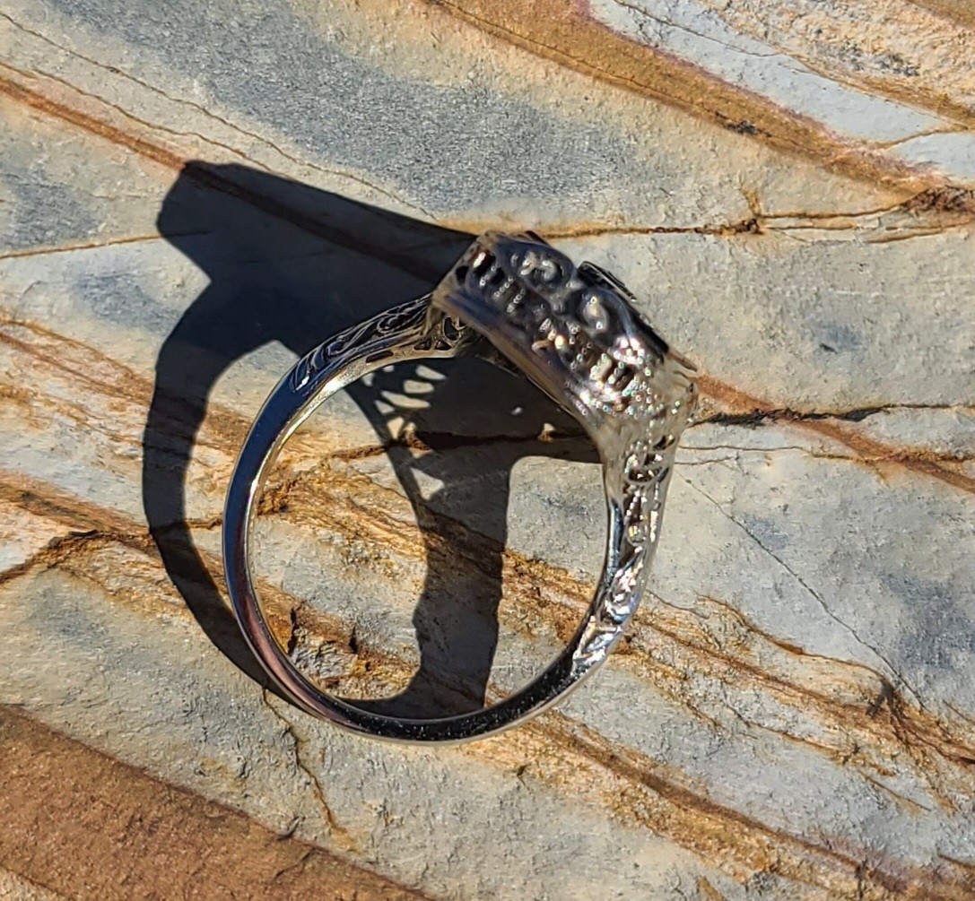 Antique 1928 Art Deco 14K White Gold Diamond Black Onyx Shell Cameo Flip Ring