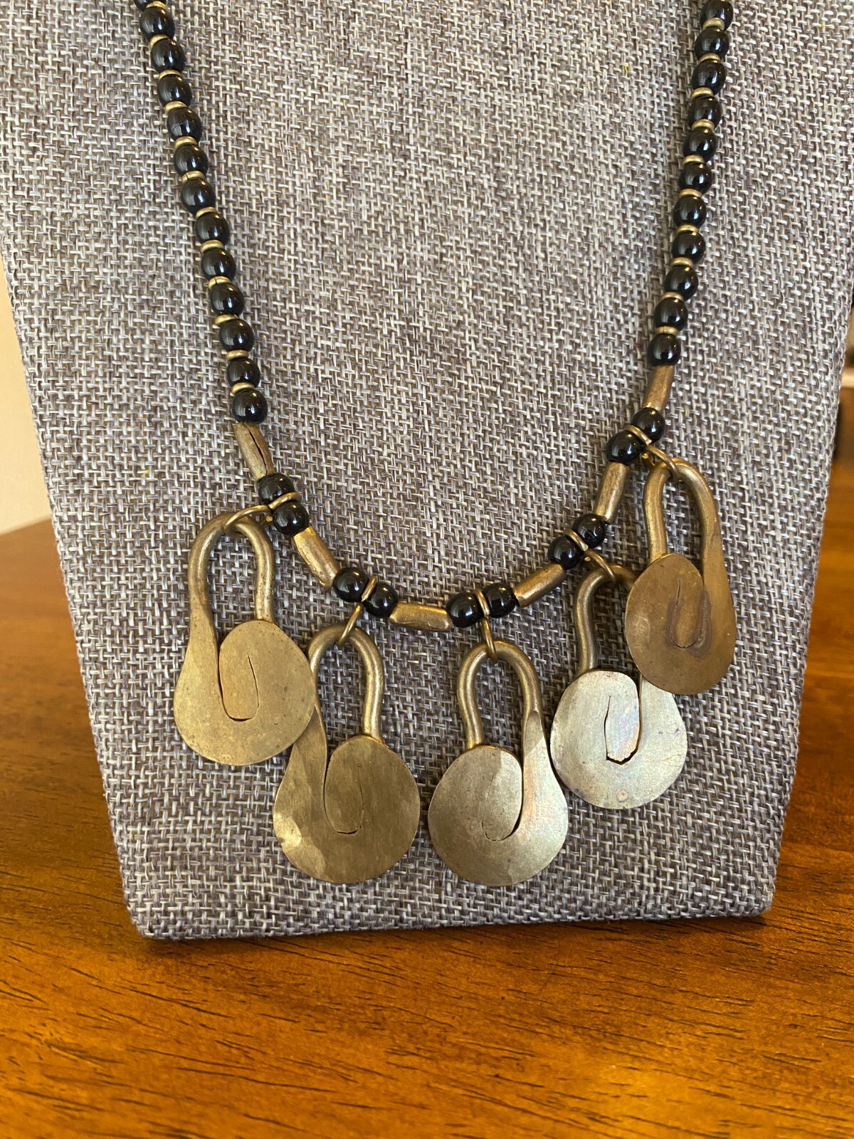 Vintage Black Onyx Bead & Hammered Brass Charm Pendant Necklace Artisan