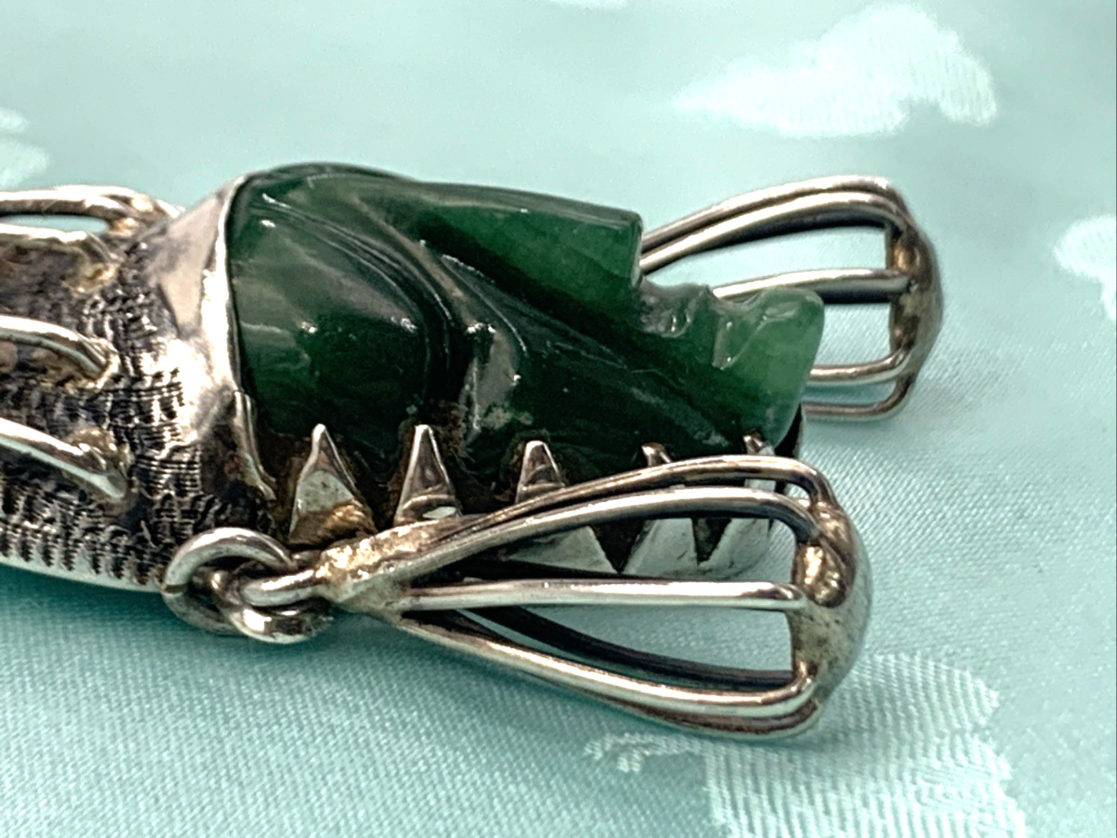 Vintage Sterling Silver and Green Onyx Mexican Mask Pendant & 28″ Necklace 73g