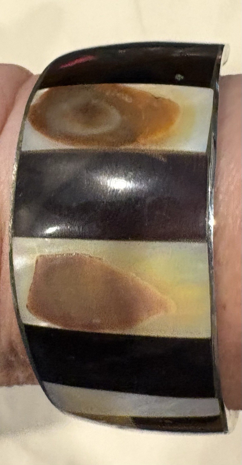 Vintage Silver Tone With Shell And Stone Inlay Cuff Bracelet, 2.5 inch diameter