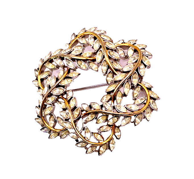 Signed Trifari – Open Work Clear Navette Round Brooch-Two Tone – circa 1950