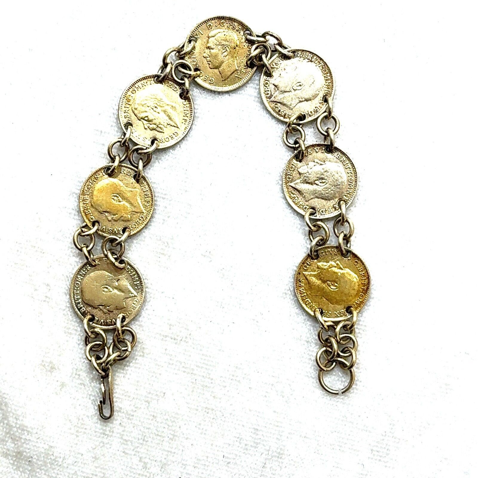 Coin Link Bracelet 8 Antique British Silver Coins