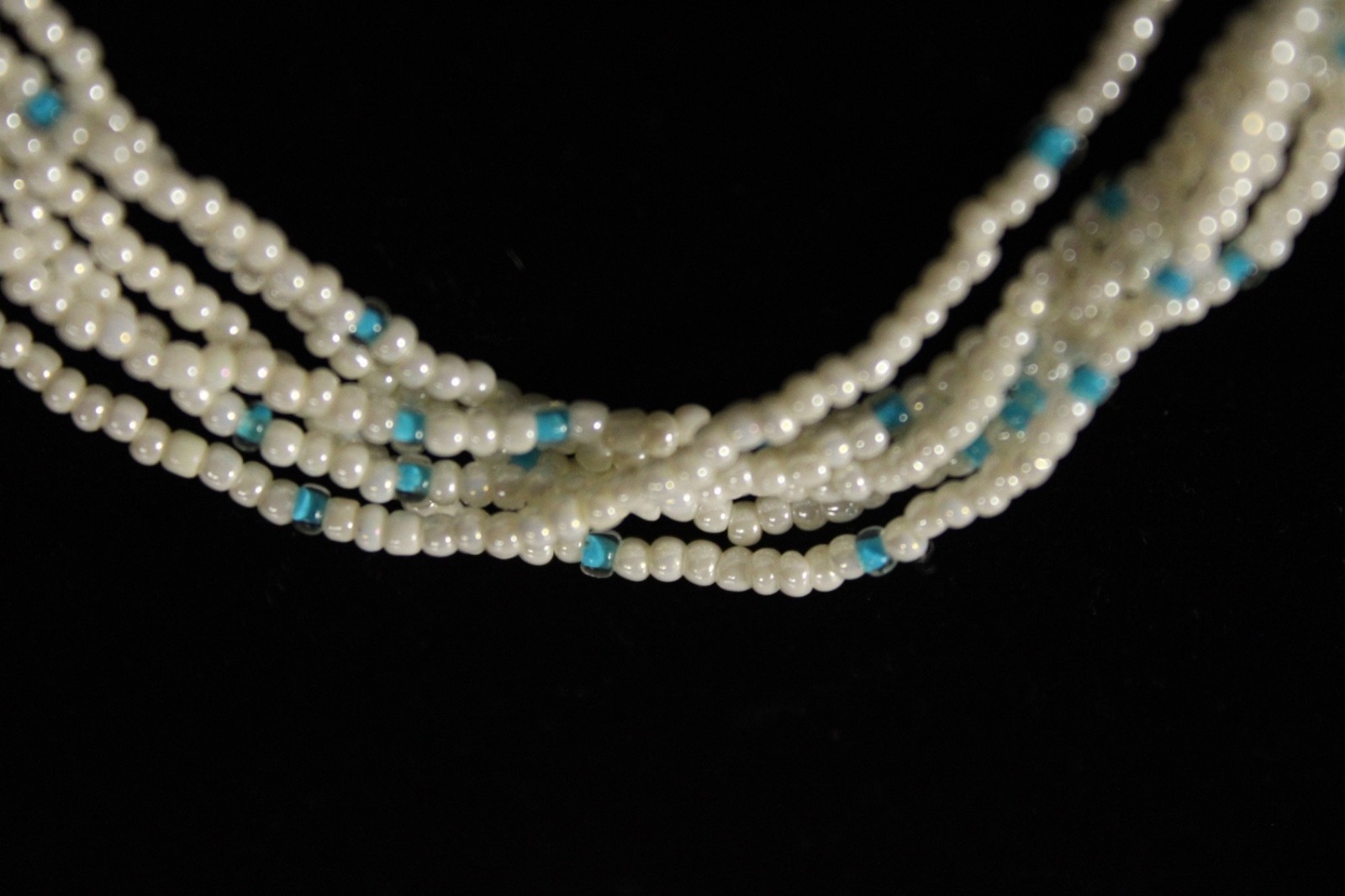 Beaded Necklace Light Sky Blue Pearl White 24″ 6 Strand Tiny Seed Bead Handmade