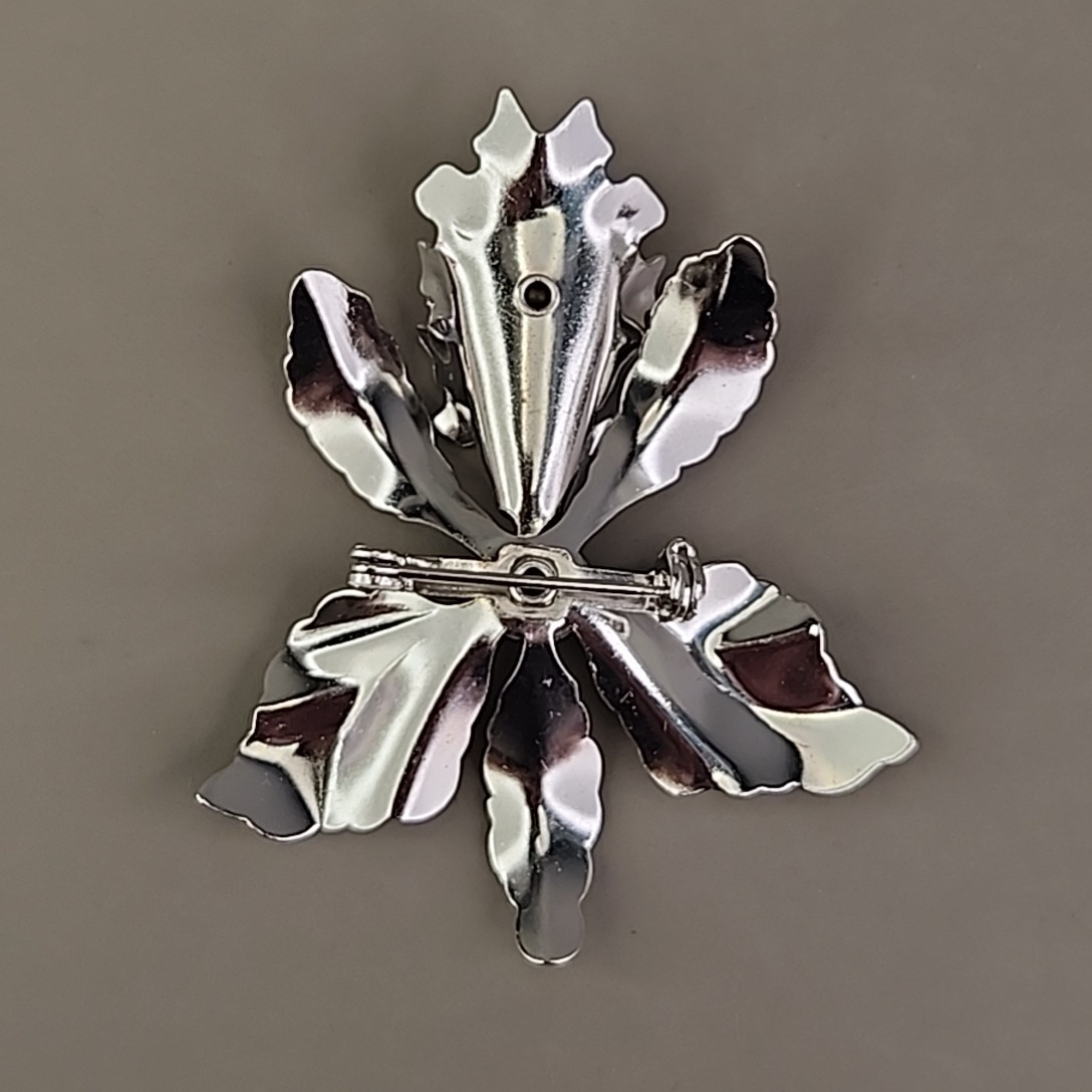Vintage Flower Brooch Orchid Purple Rhinestone Silver Tone 2″