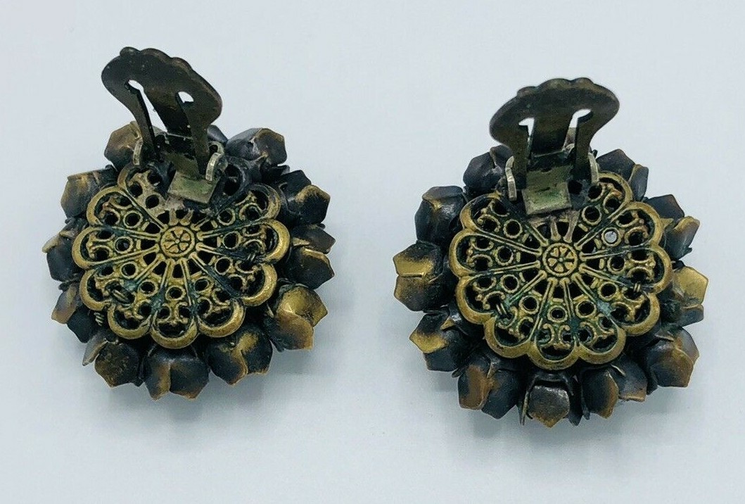 RARE MIRIAM HASKELL Signed Purple and Blue CRYSTAL FLOWER CLIP BACK EARRINGS