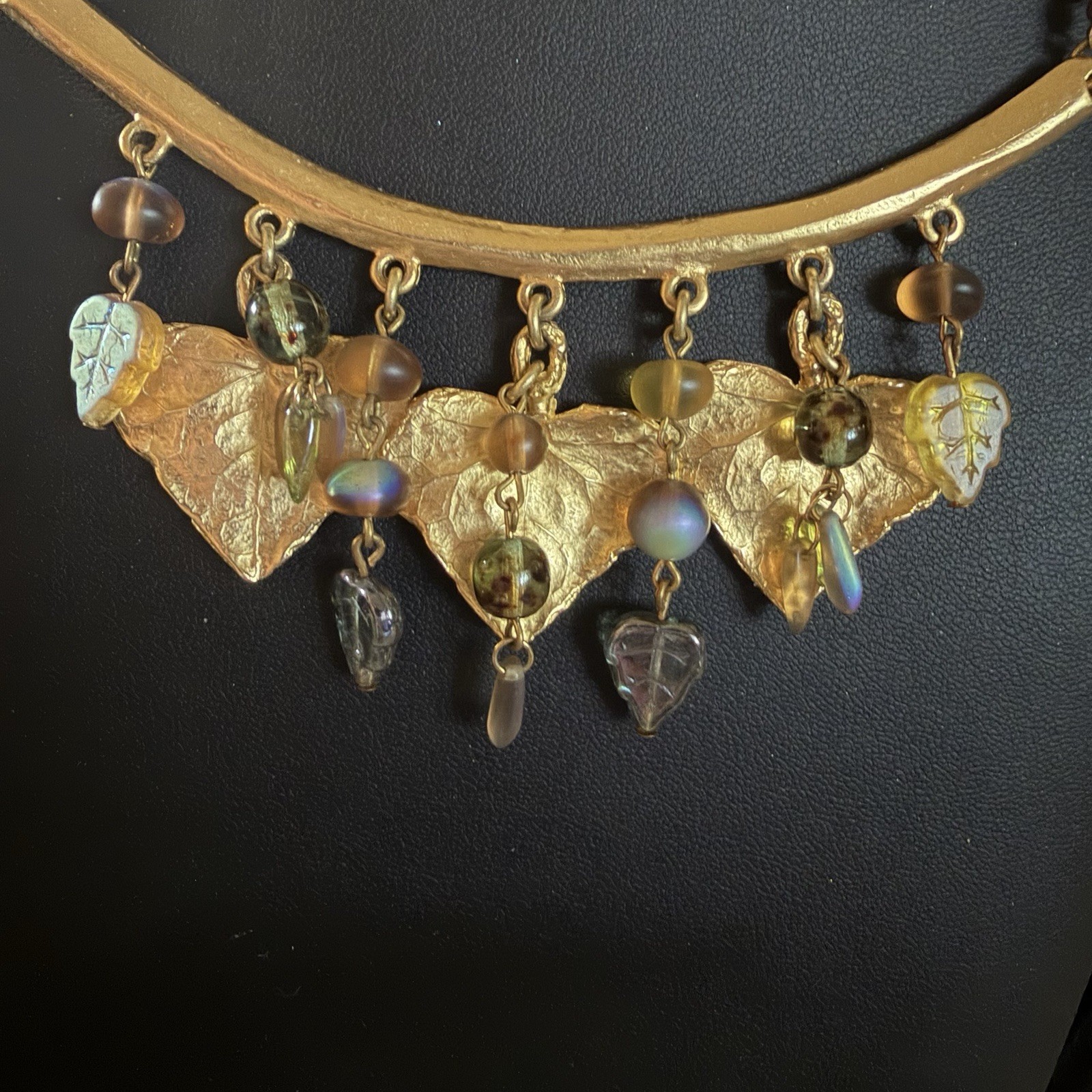 Vintage Art Nouveau revival type statement bib necklace Gold-tone Leaves Glass