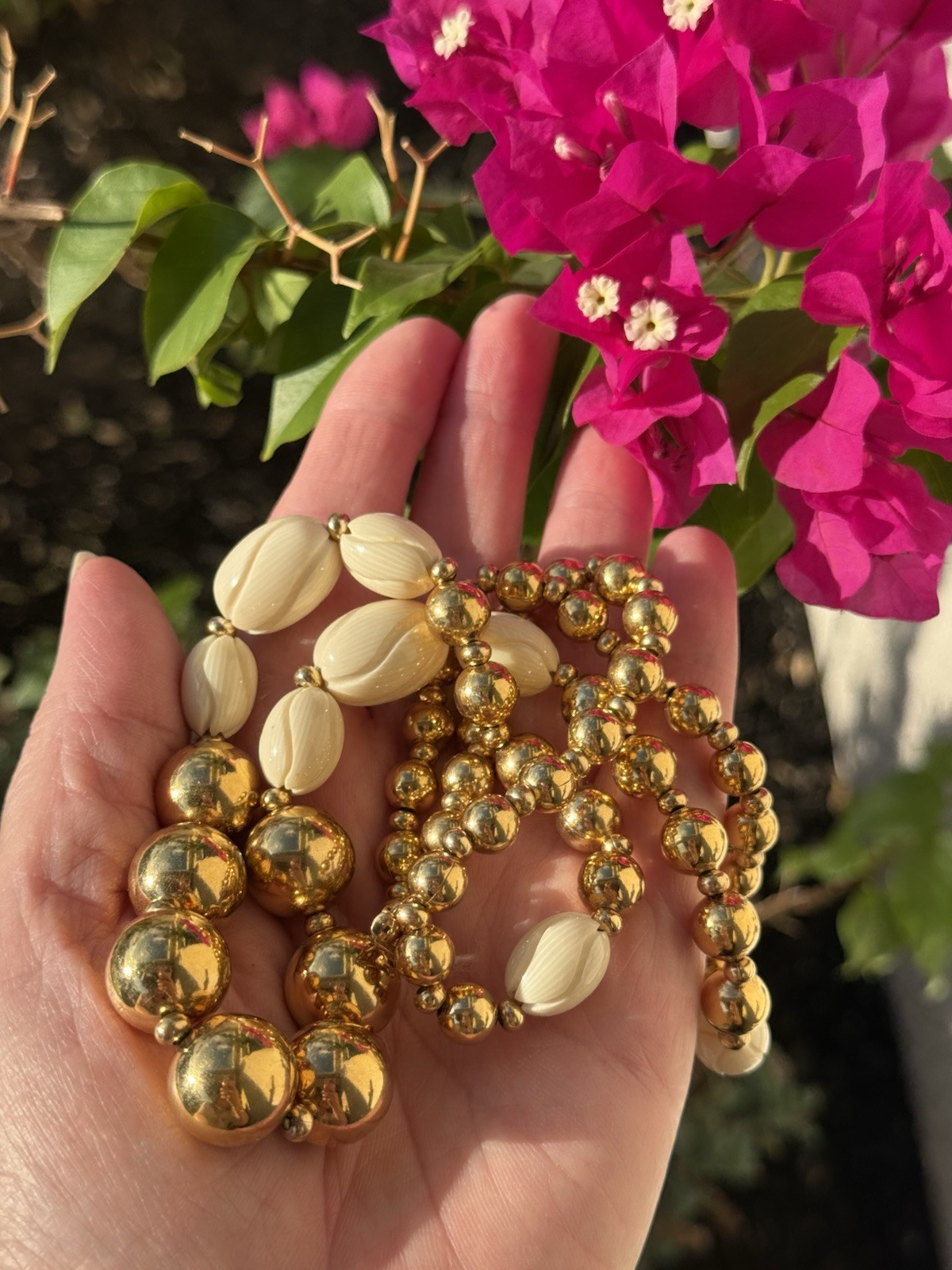Vintage Napier Carved Swirl French Ivory and Gold Beaded Statement Necklace