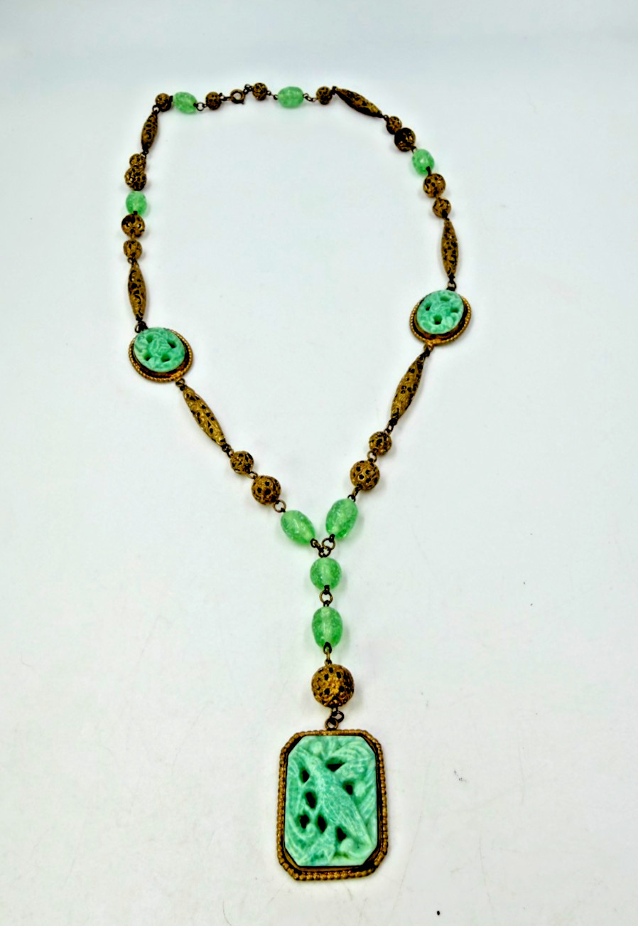 Vintage Necklace Art Deco Green Art Glass Bird Brass Asian Pendant Filigree PJ