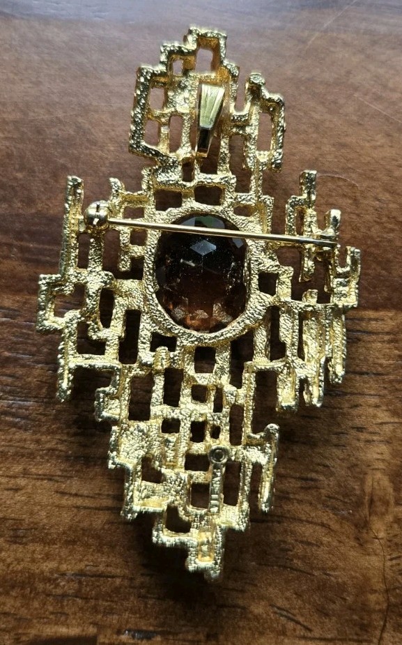 RARE PANETTA Brutalist Gold Brooch Pendant Smoky Quartz 1960s Beneditto Panetta