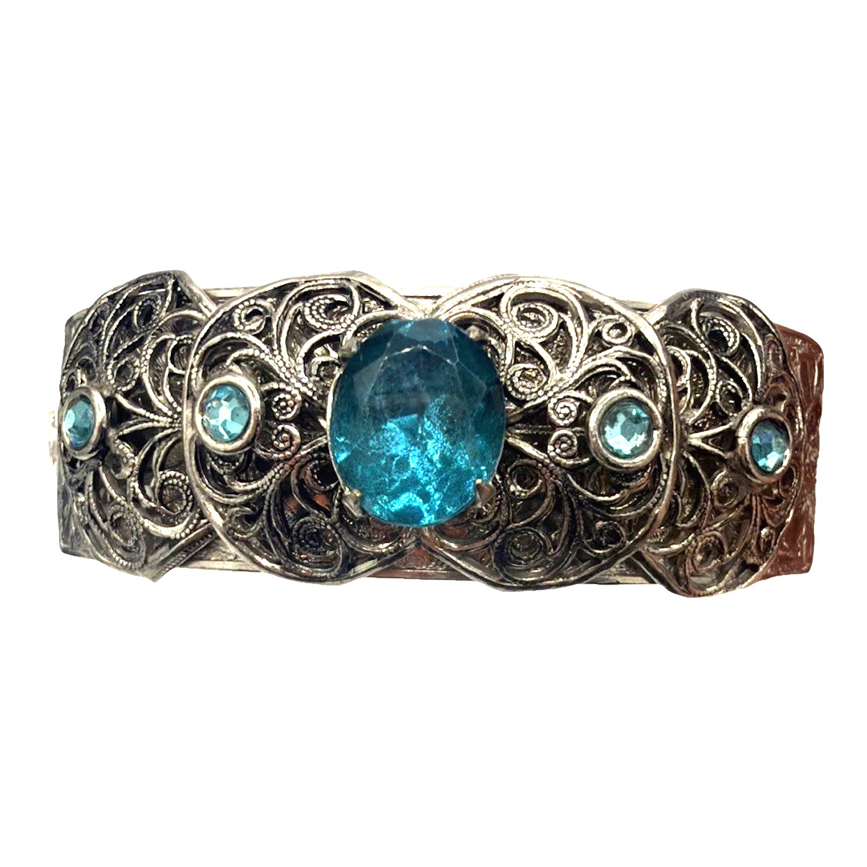 Vintage Art Deco Filigree Cuff Bracelet Silver Tone Blue Stones Openwork