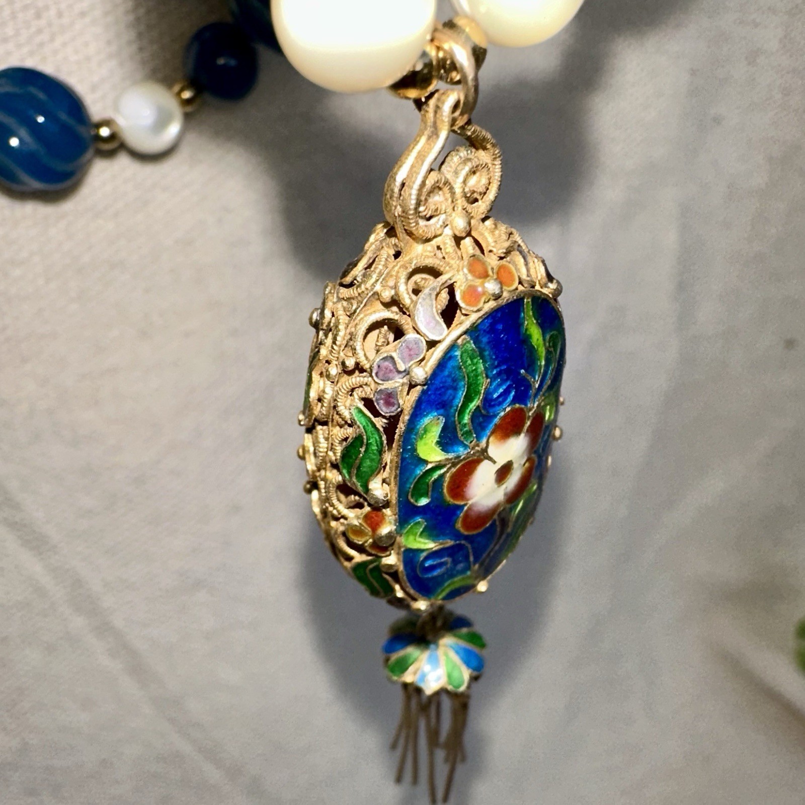 36” Vtg Cloisonné Pendant Tassel Beaded Necklace Mother Of Pearl Chinoiserie