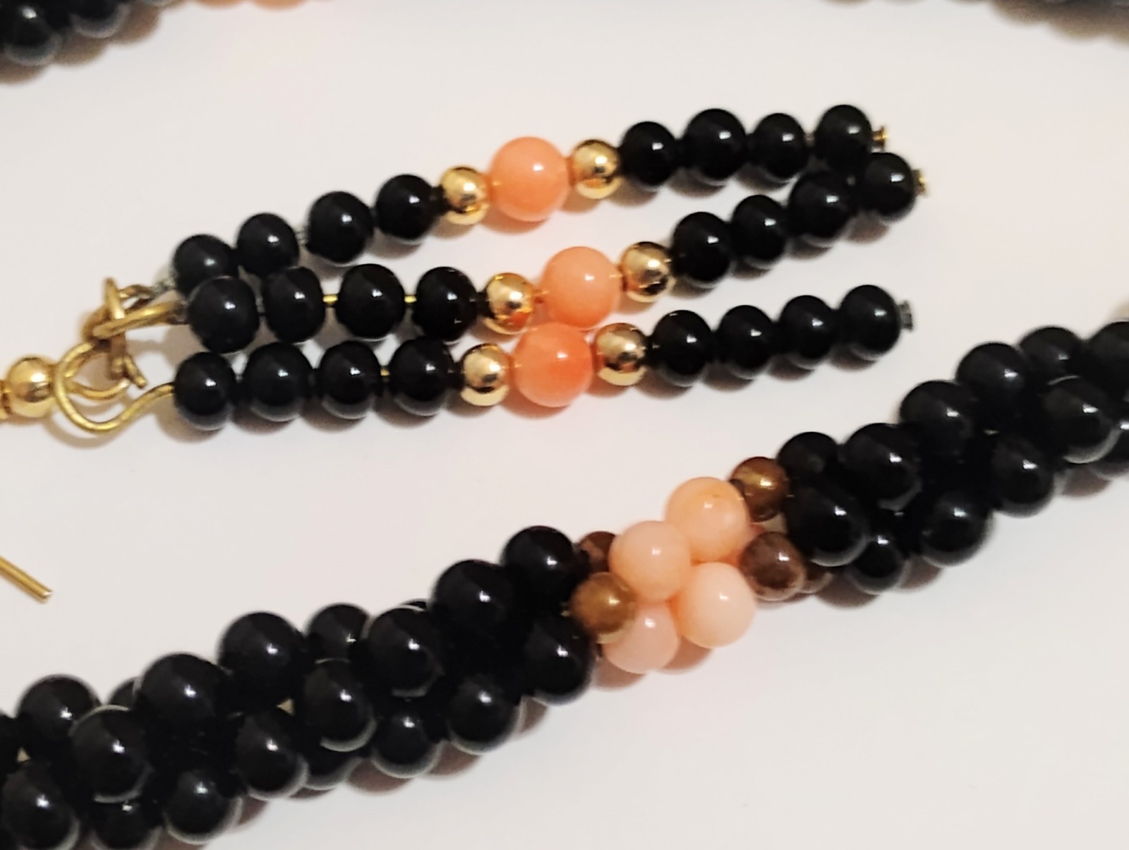 Vintage Black Onyx & Coral Necklace & Earrings Set Twisted Rope Pierced Dangle