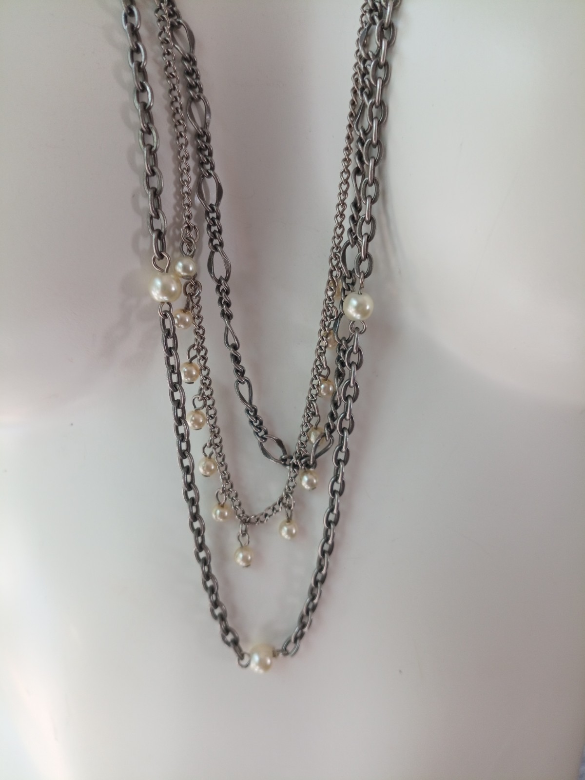 AE Necklace 925 Clasp Only Faux Pearl 3 Non Sterling Chains Swag Drape 32″