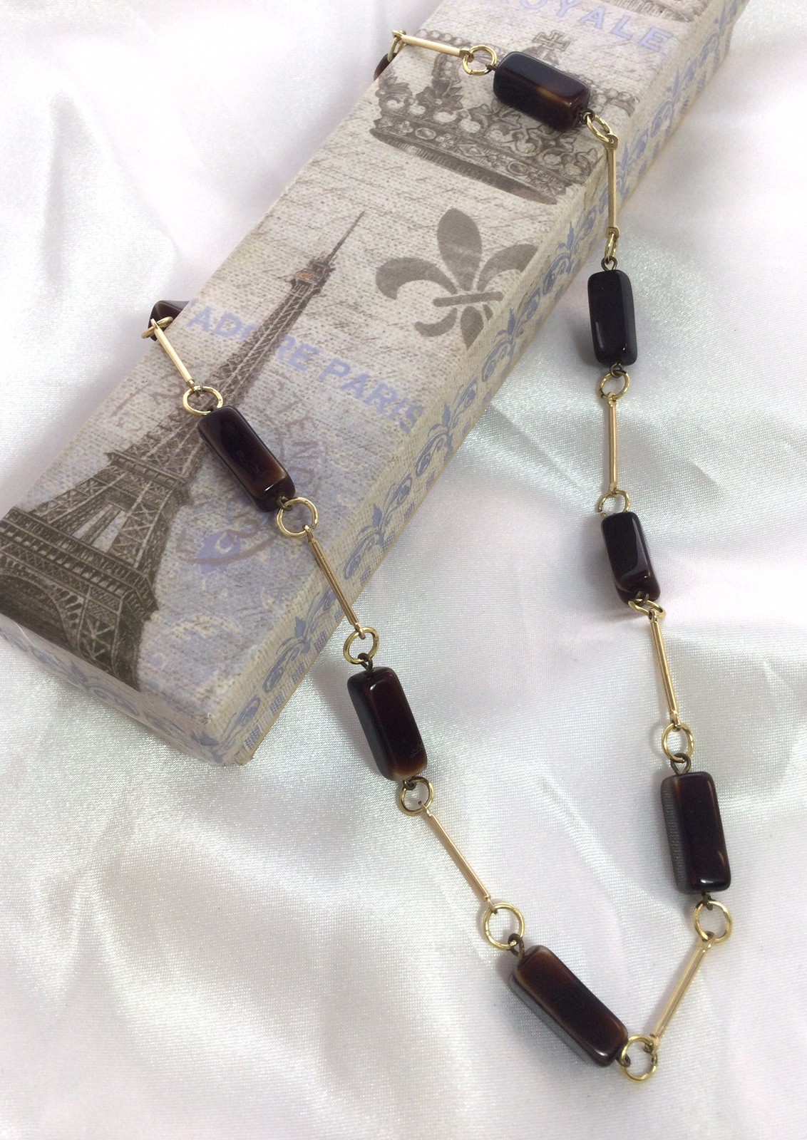Vintage Jewellery Brown glass lozenge bead gold bar necklace Jewelry Art Deco BC