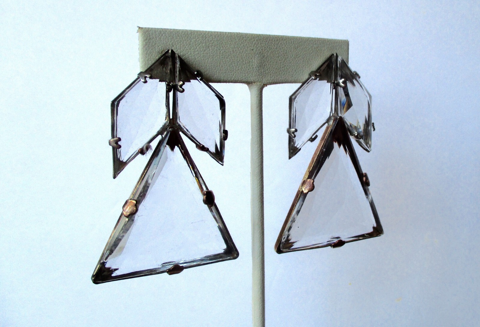 Pair of Antique Art-Deco Large Clear Faceted Crystal Earrings