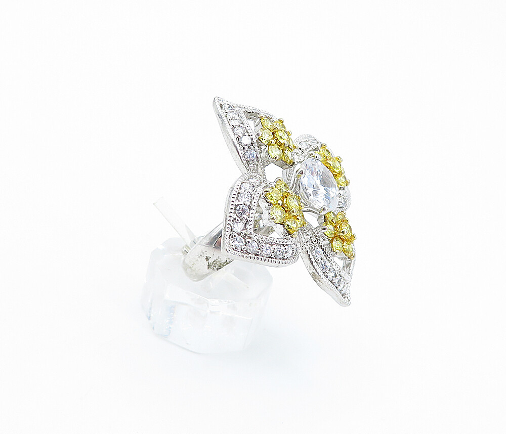 925 Silver Cubic Zirconia & Citrine Flower Statement Ring Sz 6.5 RG3627