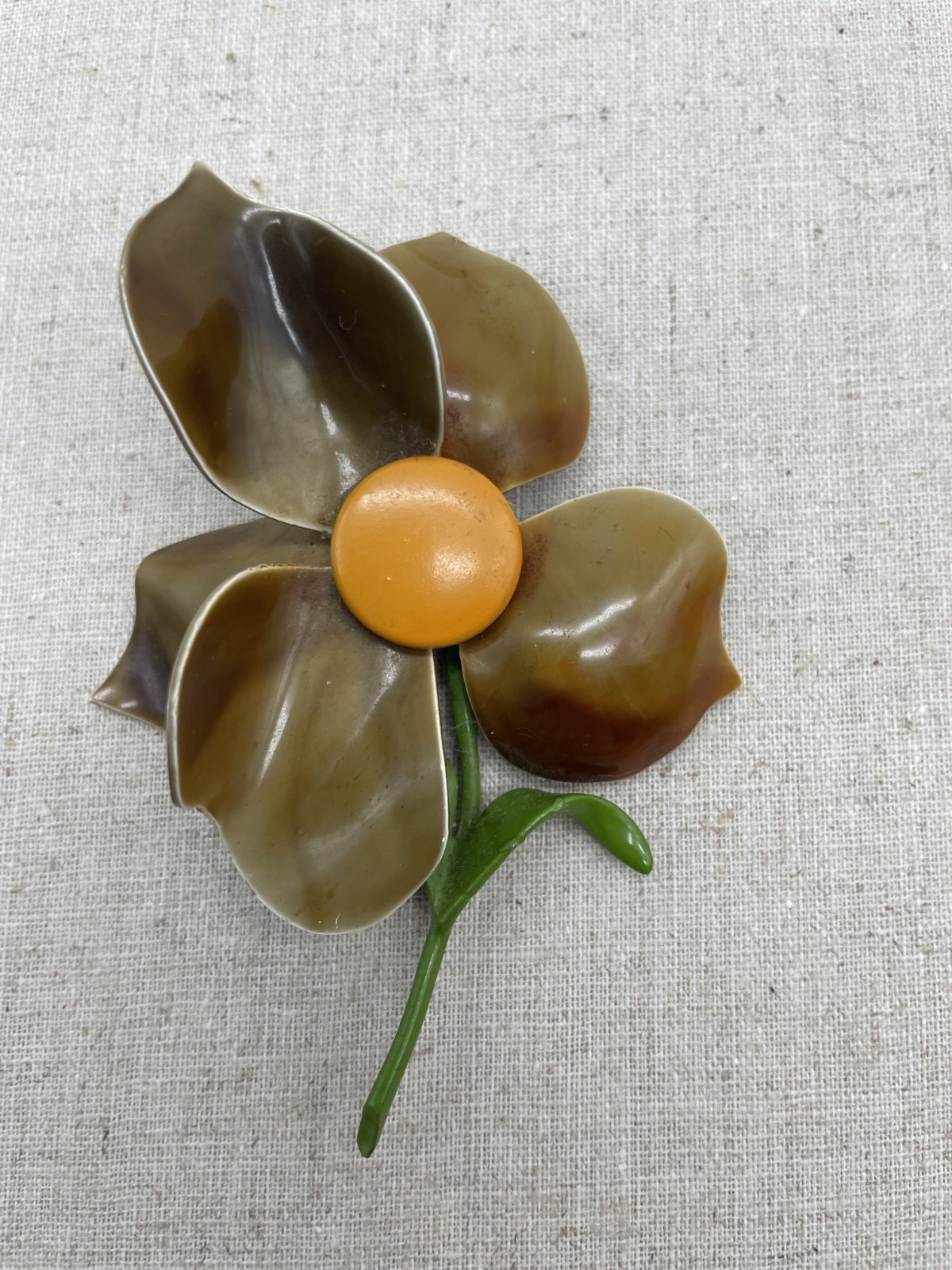 Vintage Enamel Flower Brooch Large Dimensional Fall Colors Caramel Brown