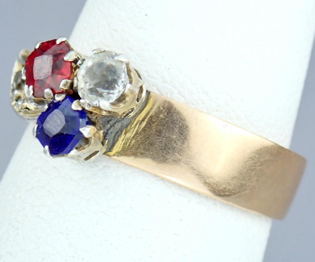 Charming Antique Victorian 14K Rose Gold Red White Blue Paste Floral Ring Size 8