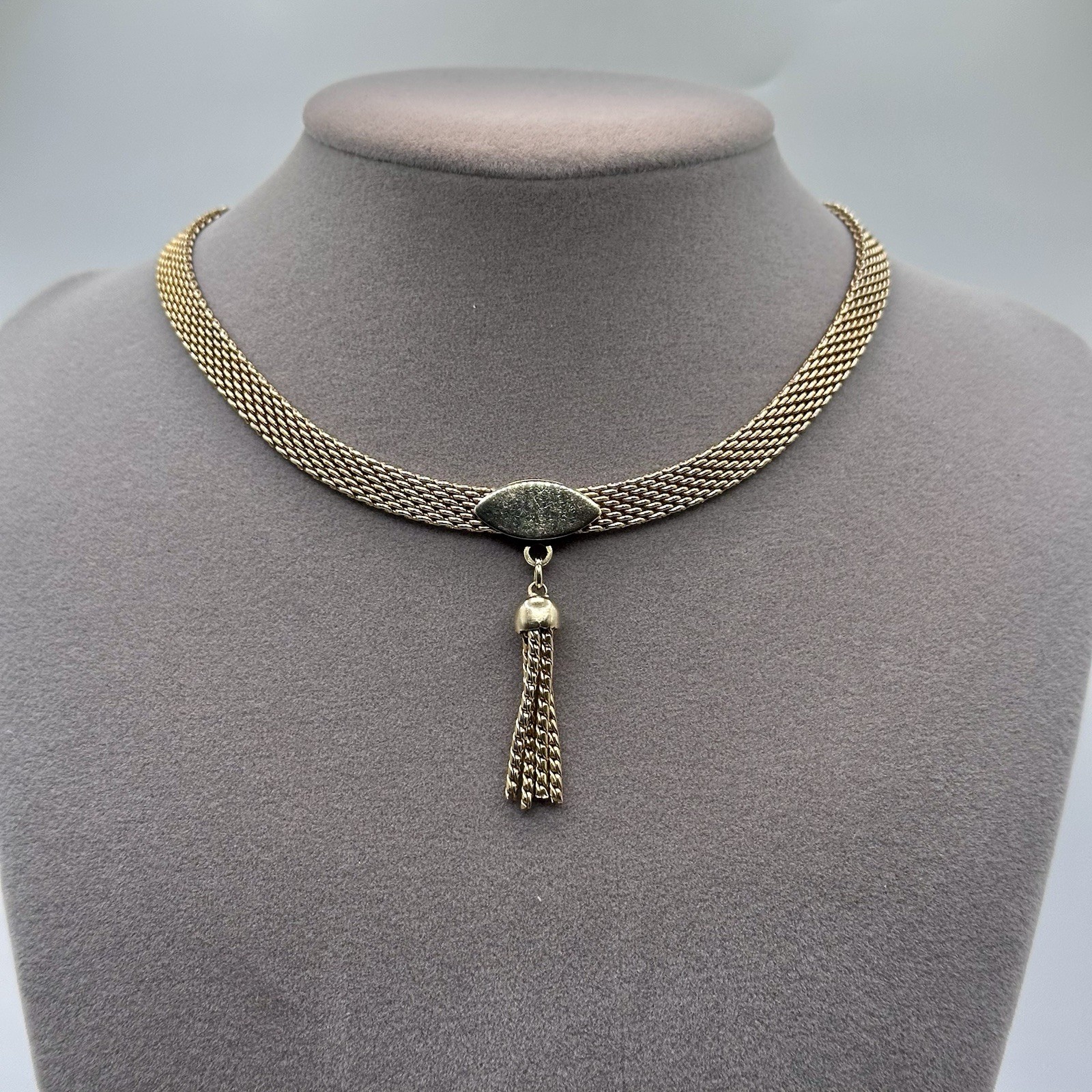 Vintage Signed Judy Lee Necklace Gold Tone Mesh Tassel Dangle Chain 13-16”