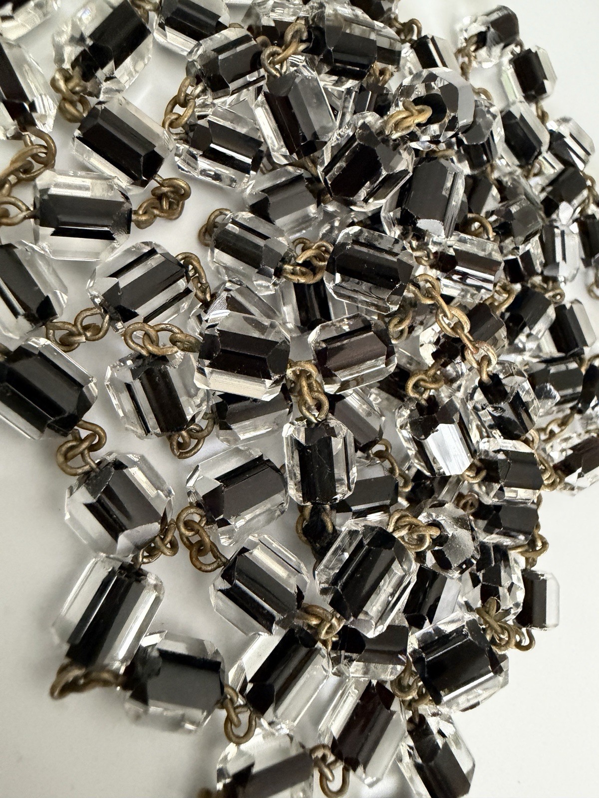 Antique Czech Jet Black & Clear Geometric Glass Bead 60″ + Extra Long Necklace