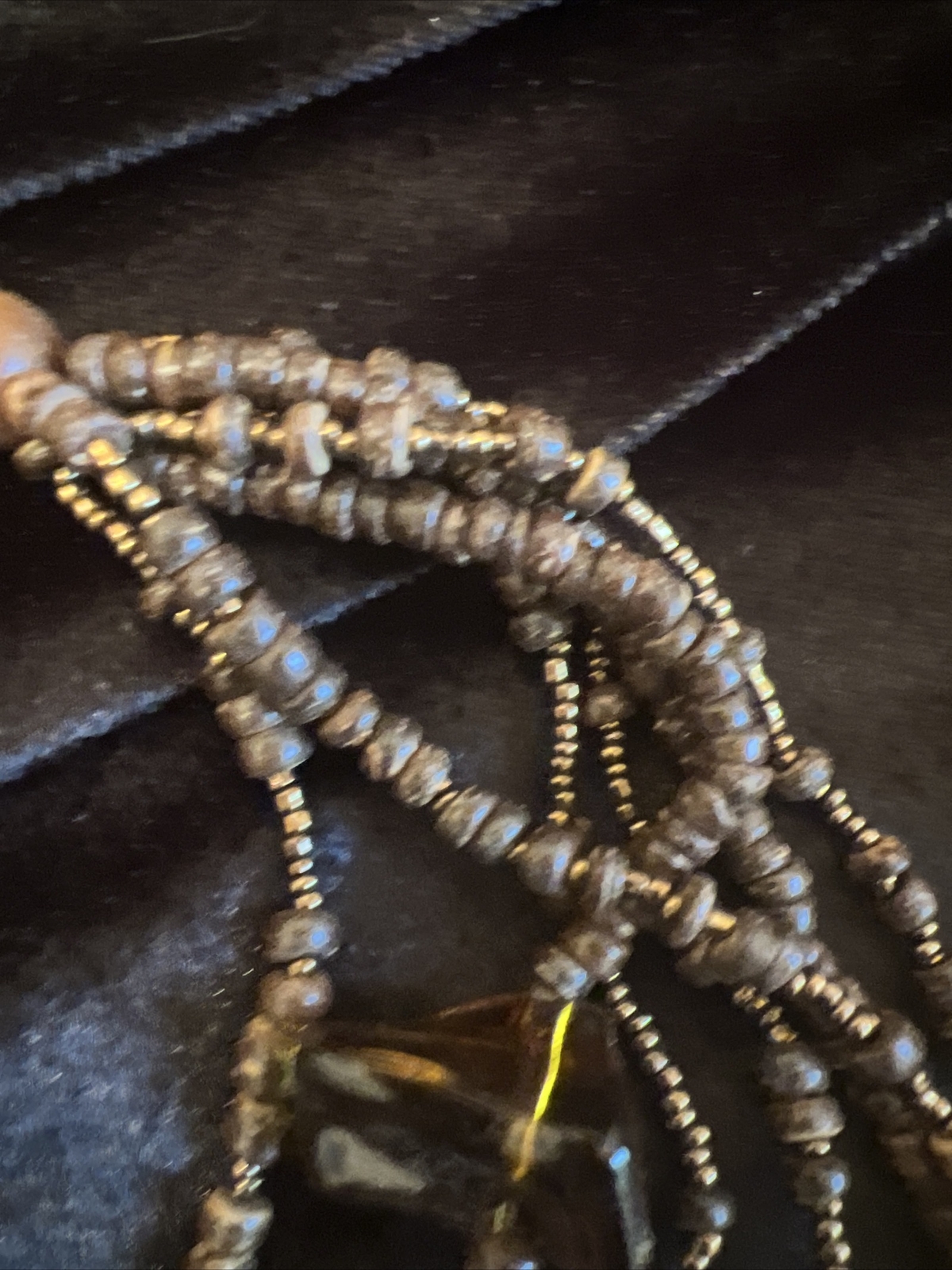 1946 Brand Brown Gold Color Lucite MOP And Wood Bead Multilayer Necklace Vtg