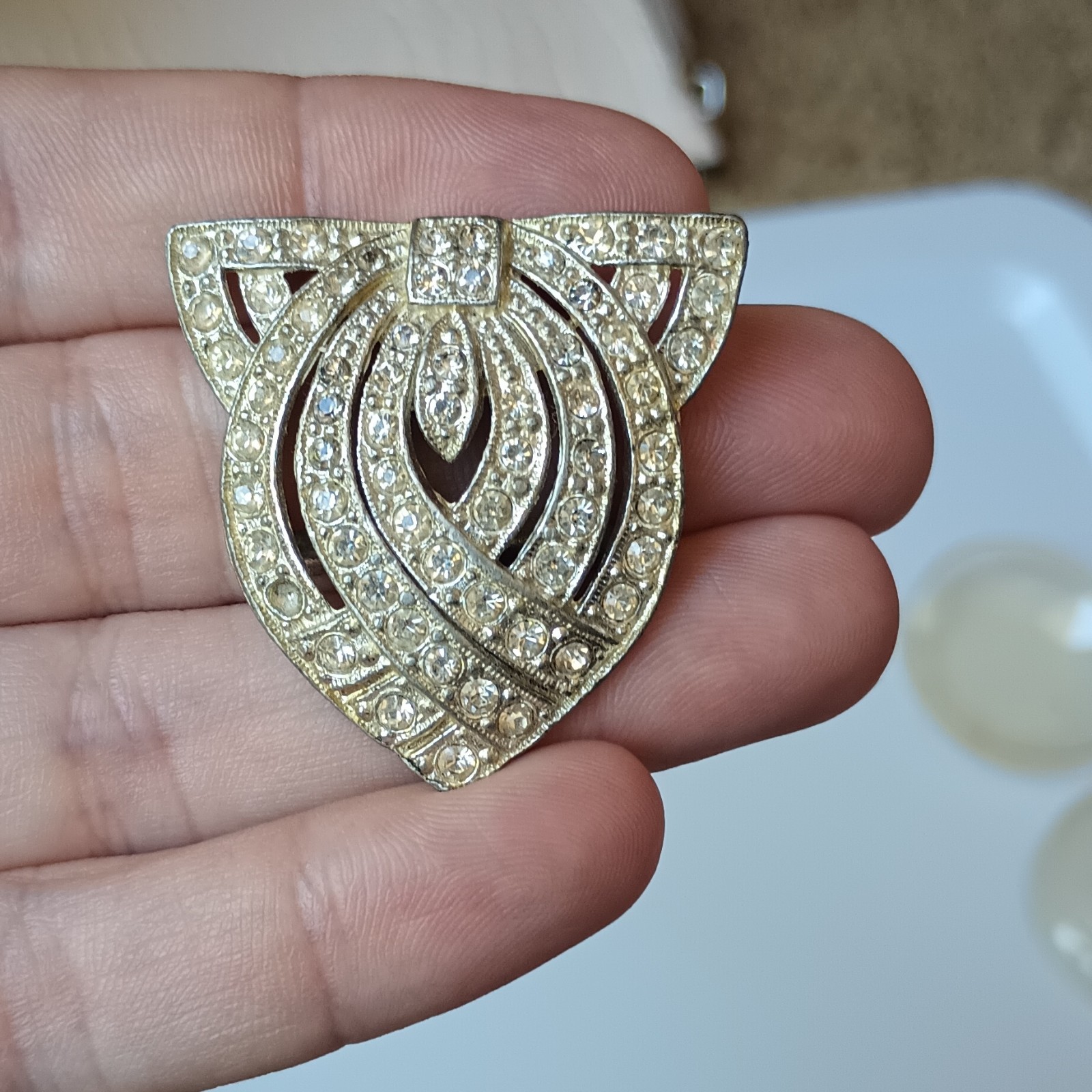 Gold Tone Clear Rhinestone Triangle Dress/Scarf Clips Pair Art Deco Women