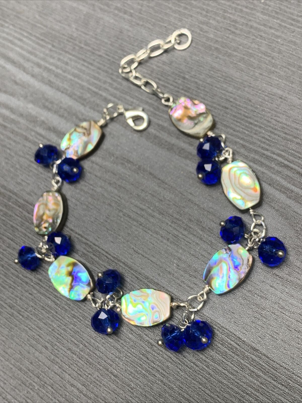 Vintage Beach Ocean Theme Abalone Shell Blue Crystal Bracelet 7.5”-9”