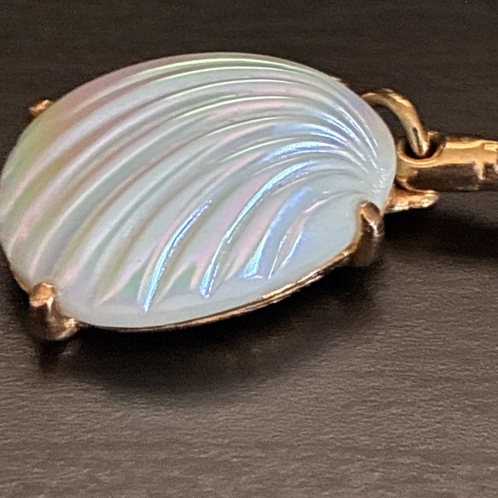 Vintage Signed SCHIAPARELLI Iridescent Shell Glass Pend Gold Elsa Schiaparelli