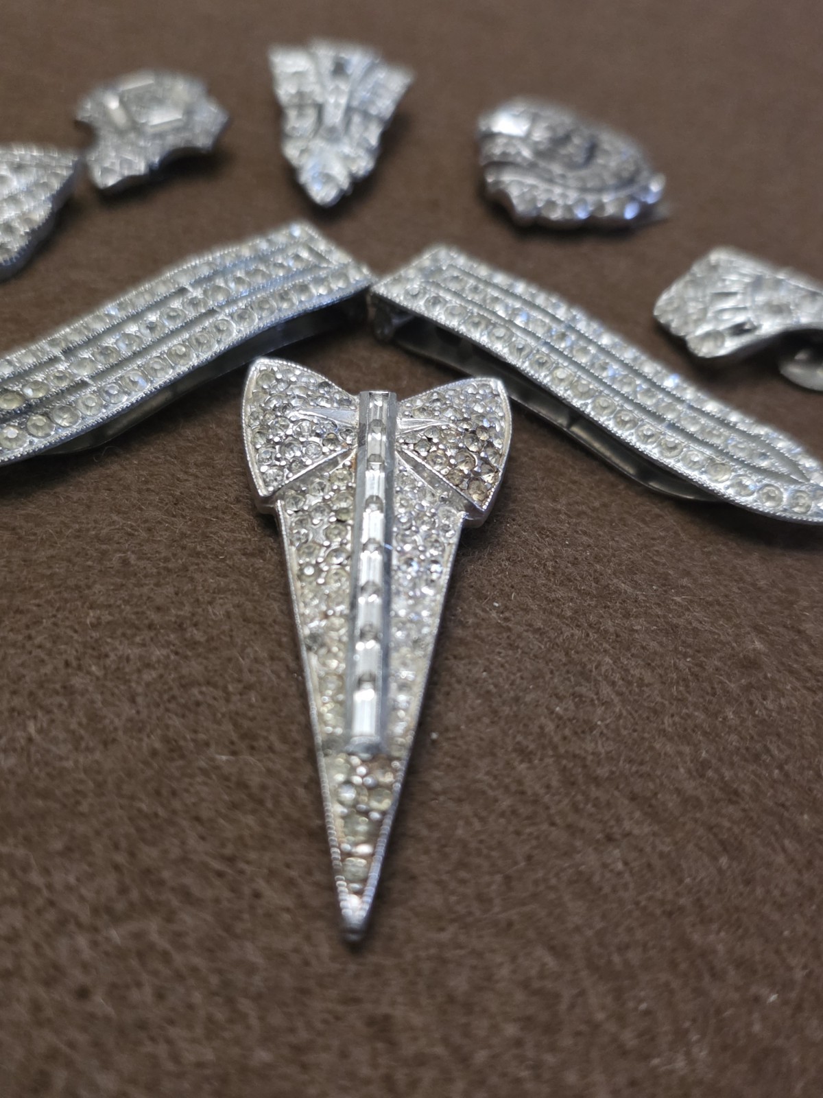 Vintage Art Deco Dress Clip Set (9) Rhinestone 30s Geometric Silver Tone