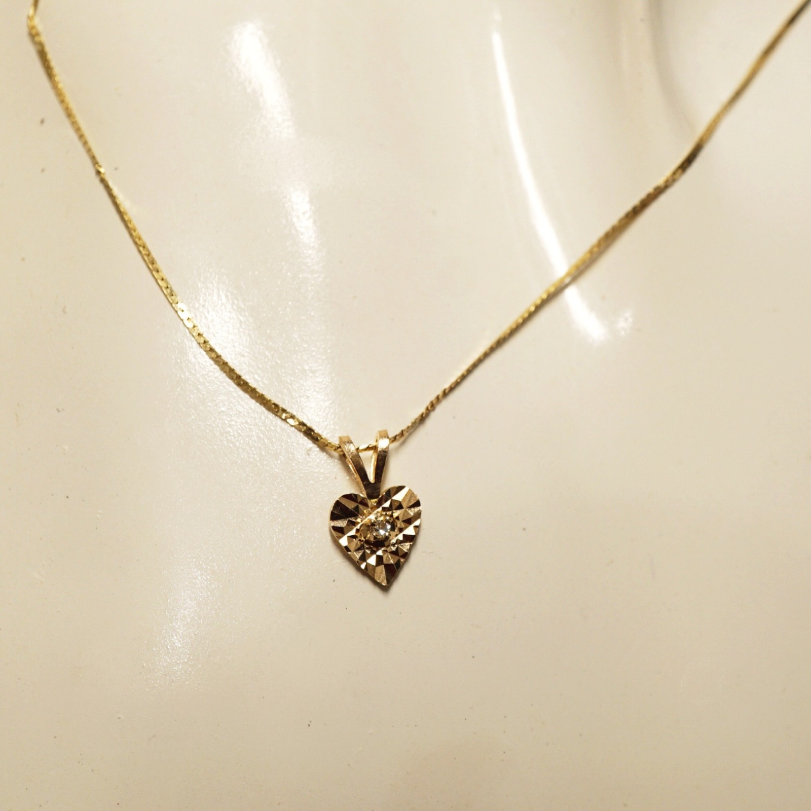 14K Yellow Gold Small Dainty Reflective Heart with Natural Center Diamond