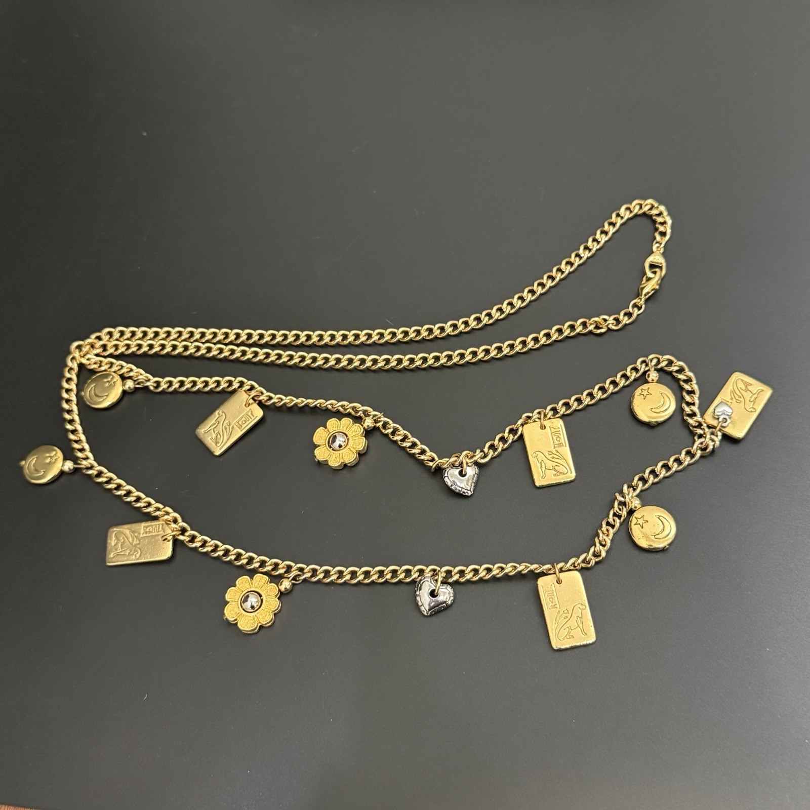 Vintage LCI Liz Claiborne Gold-tone Tarot Flower Star Moon Charm 38”Necklace 83g