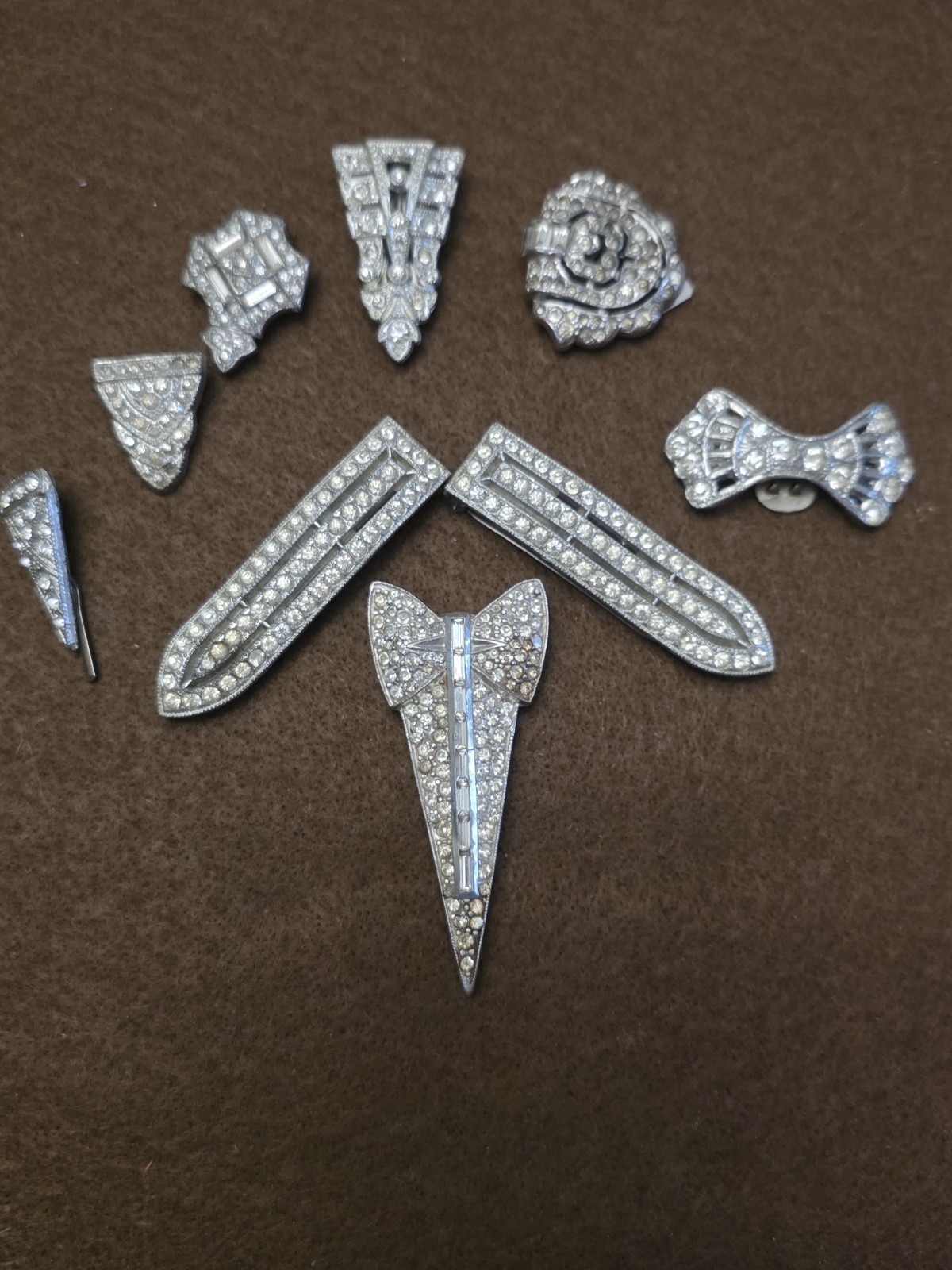 Vintage Art Deco Dress Clip Set (9) Rhinestone 30s Geometric Silver Tone