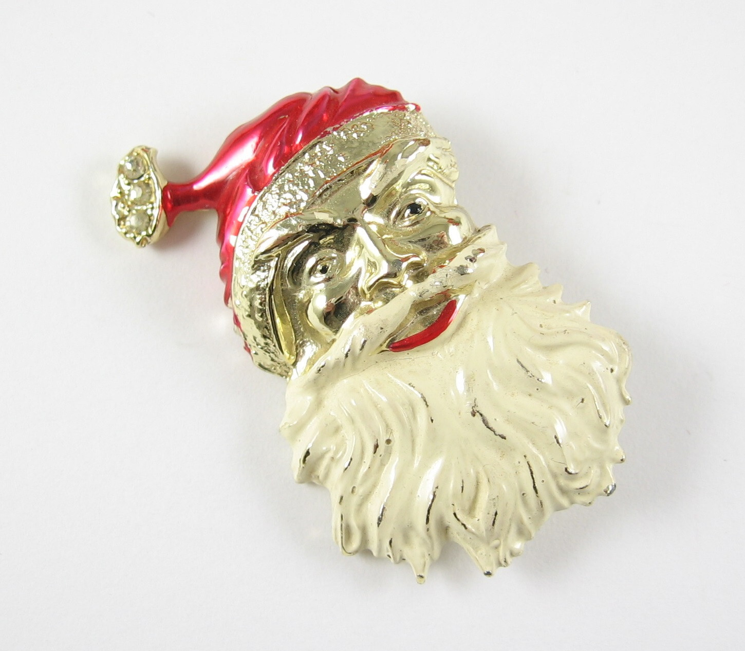 Angry SANTA CLAUS with ATTITUDE PIN Vintage Enamel Booch Goldtone Christmas 2″
