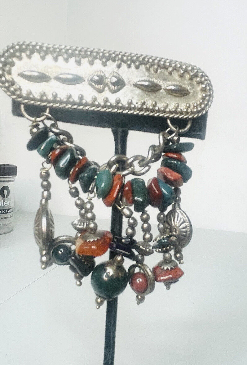 Vintage Hand Crafted Brooch Genuine Stone Chunks Unknown Metal Made In India
