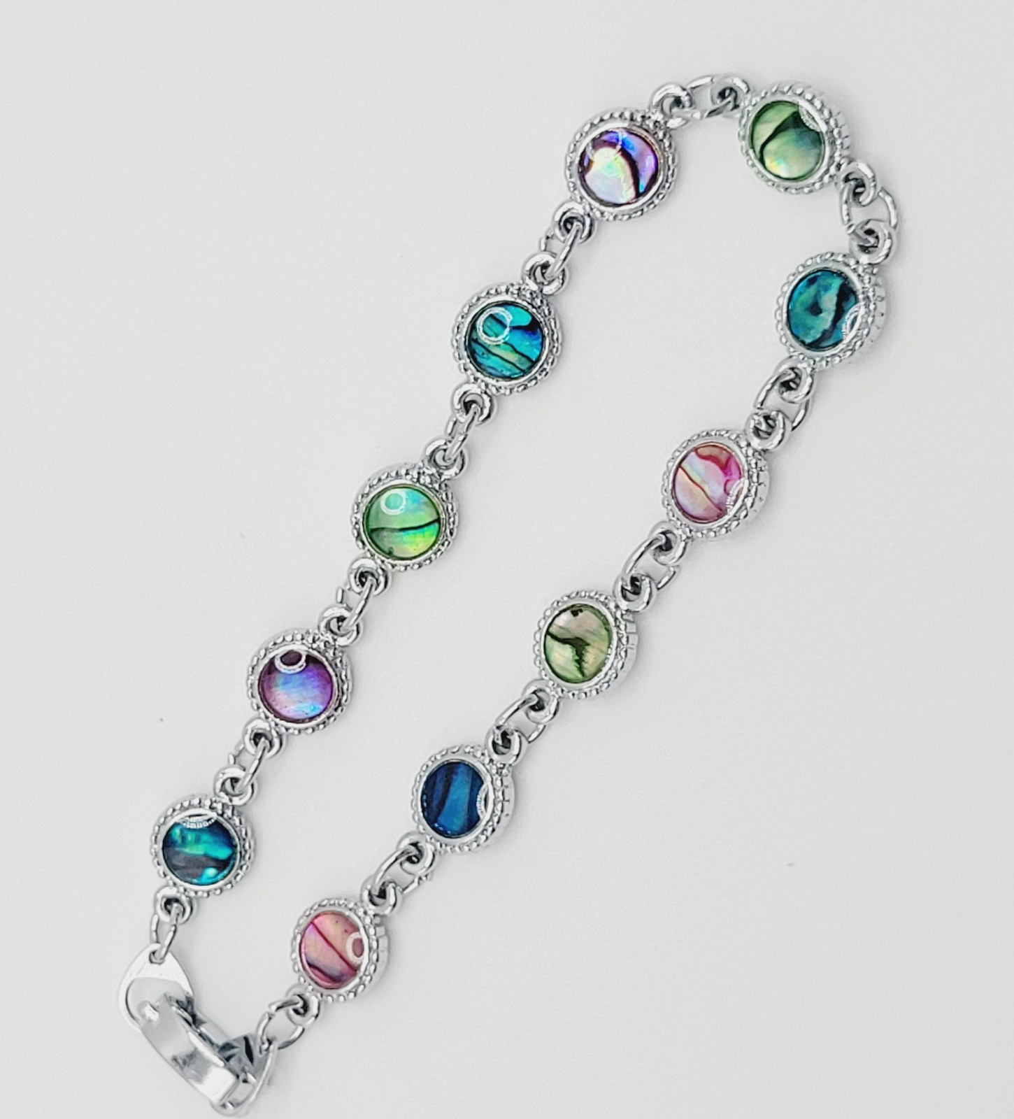 Signed SJ Colorful Paua Abalone Shell Silver Tone Link Vintage Bracelet 7.25 in