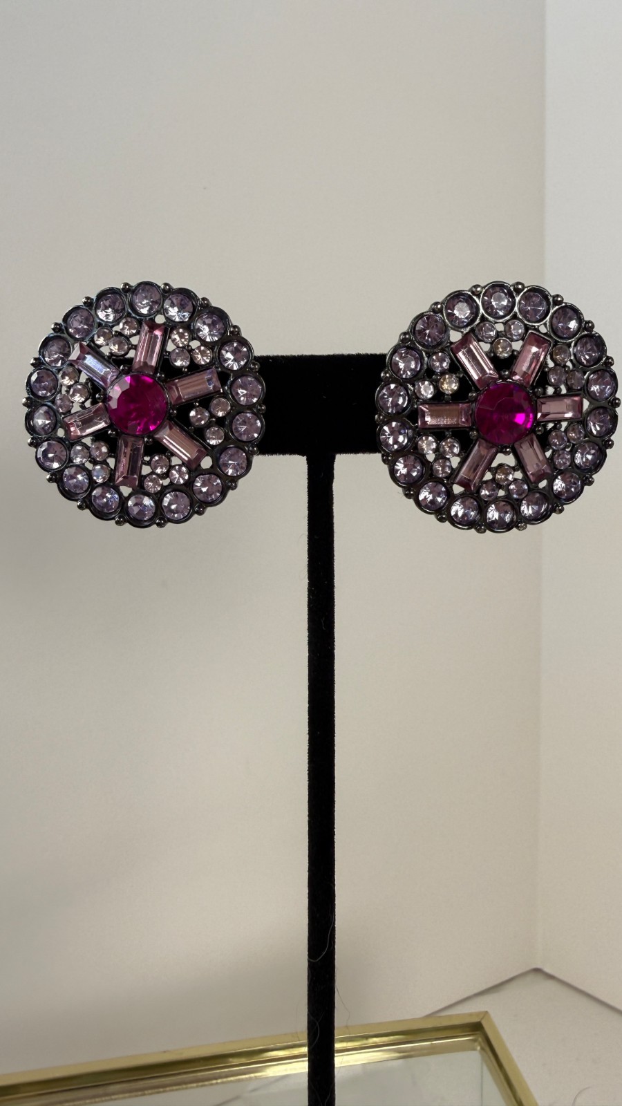 Vintage Gunmetal Pink Glass Rhinestone Statement Stud Earrings