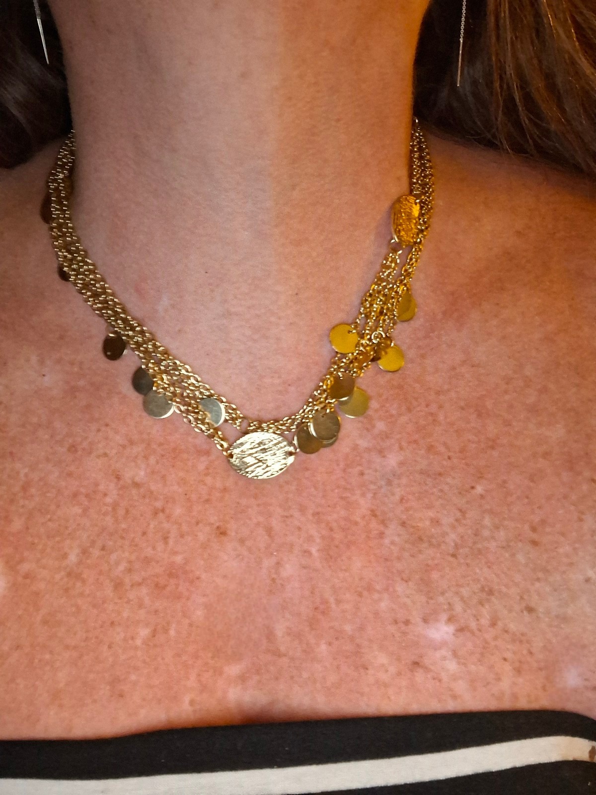 Goldtone multistrand necklace texture finish dangly coins
