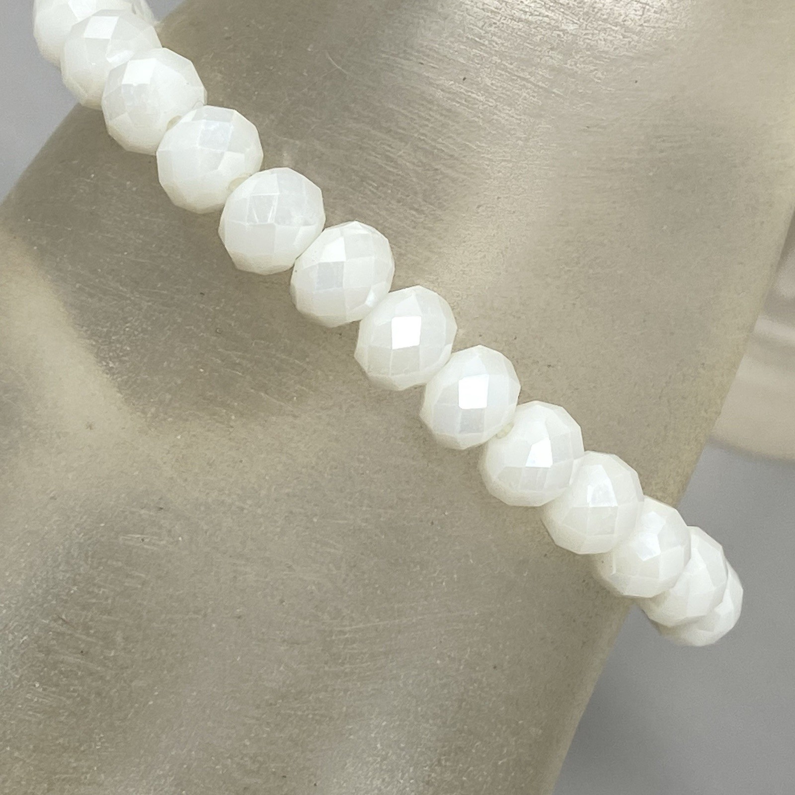 White Glass Beaded Bracelet Faceted Fire Polished Simple Stretch Elastic 6.5″