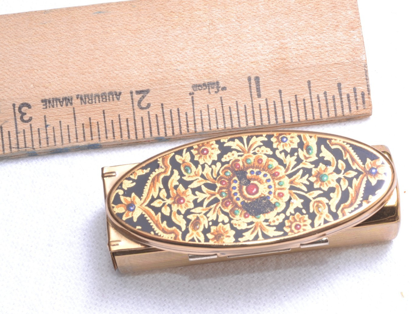 Stratton England Compact Mirror & Lipstick Holder Gold Tone Floral Fiip VTG 60s