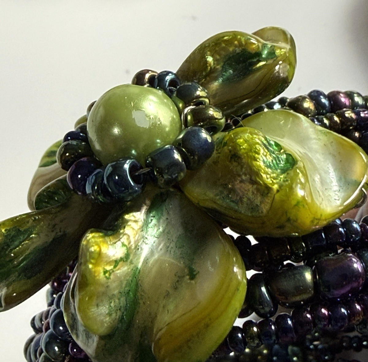 Vintage MOP Shell Flower Cuff Bracelet Iridescent Seed Bead Multi Strand Boho